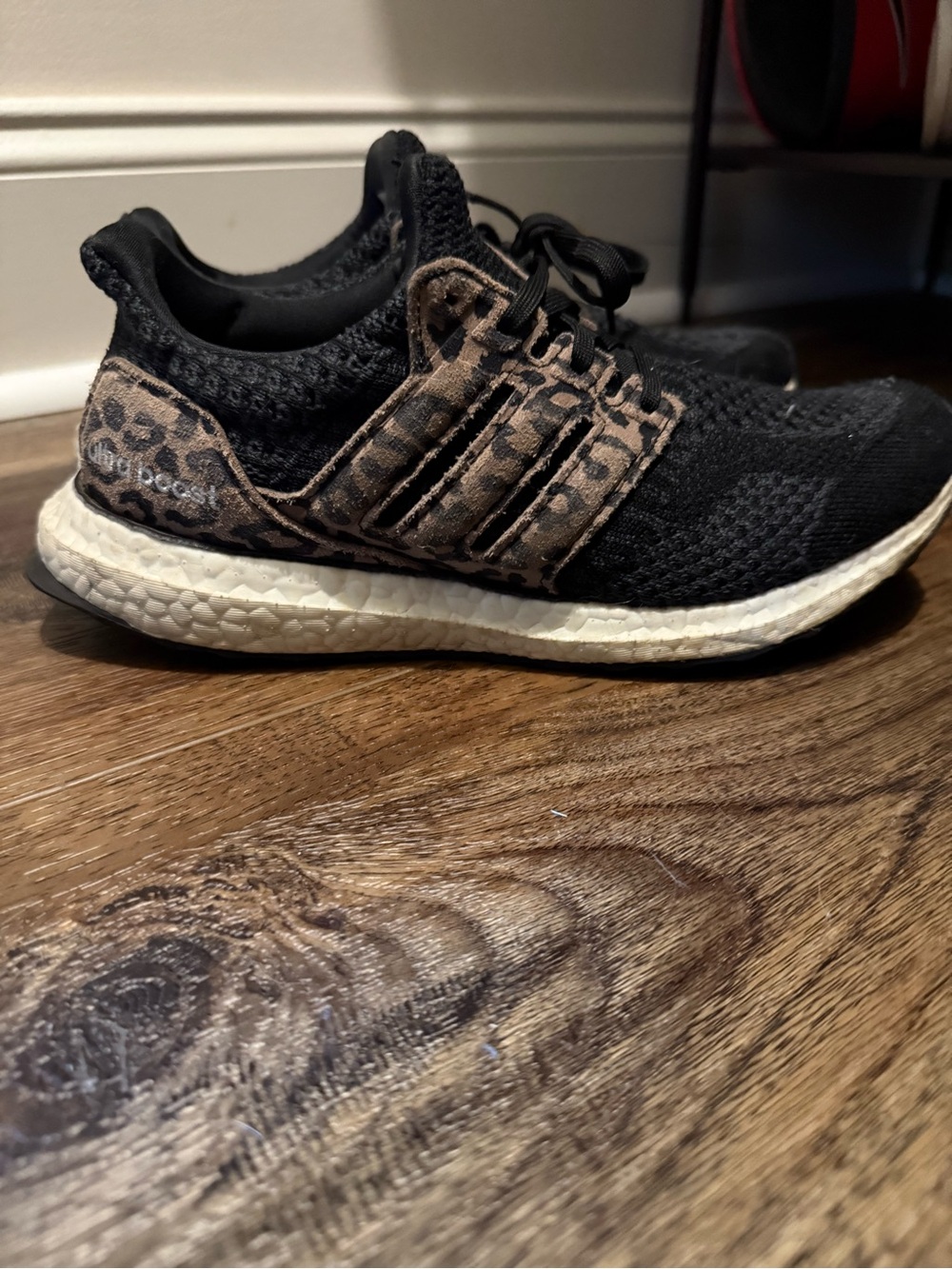adidas Ultra Boost Black Leopard-Print Knit Running Shoe- Size 8